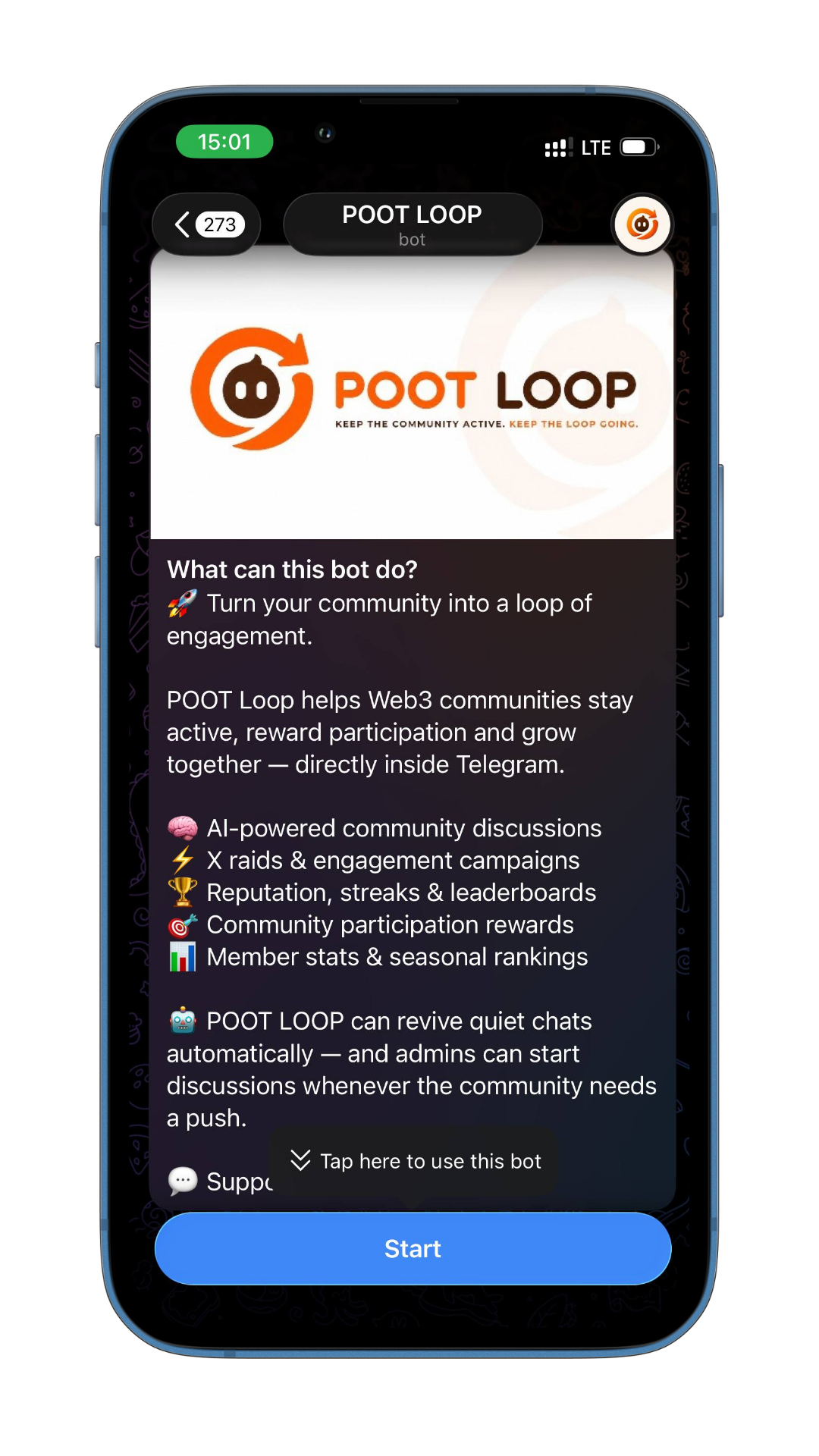 POOT Loop Telegram bot start screen shown in a phone